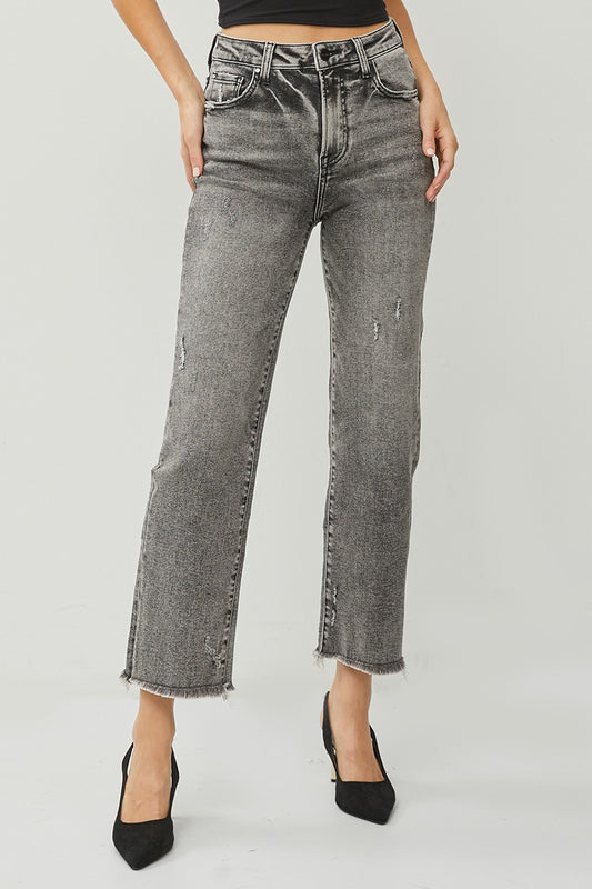 High Rise Crop Straight Freyed Hem Grey Jeans