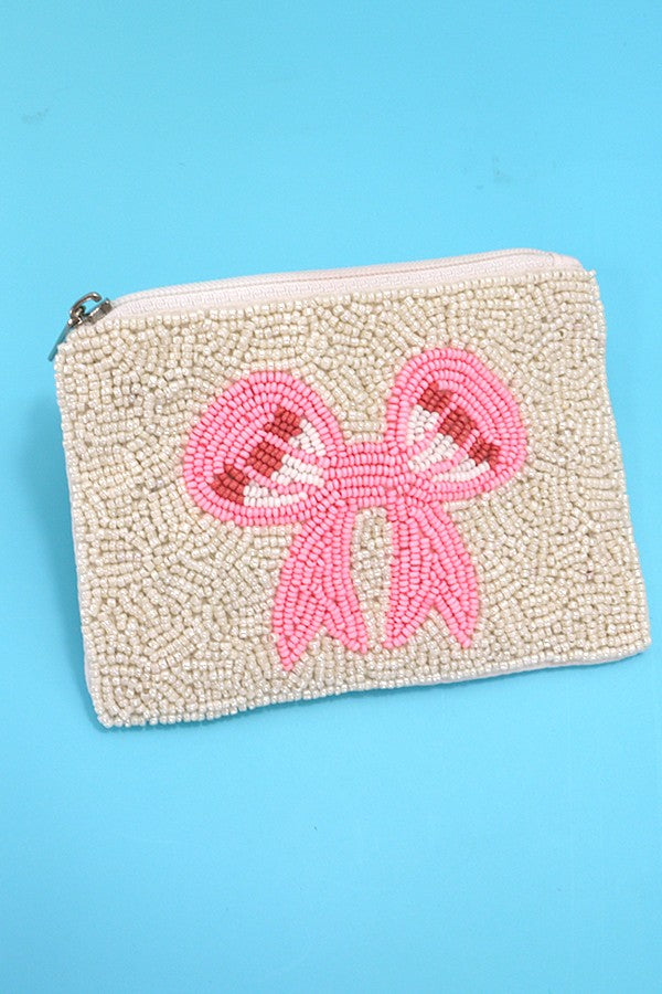 Bow Ribbon White Seed Bead Holiday Pouch