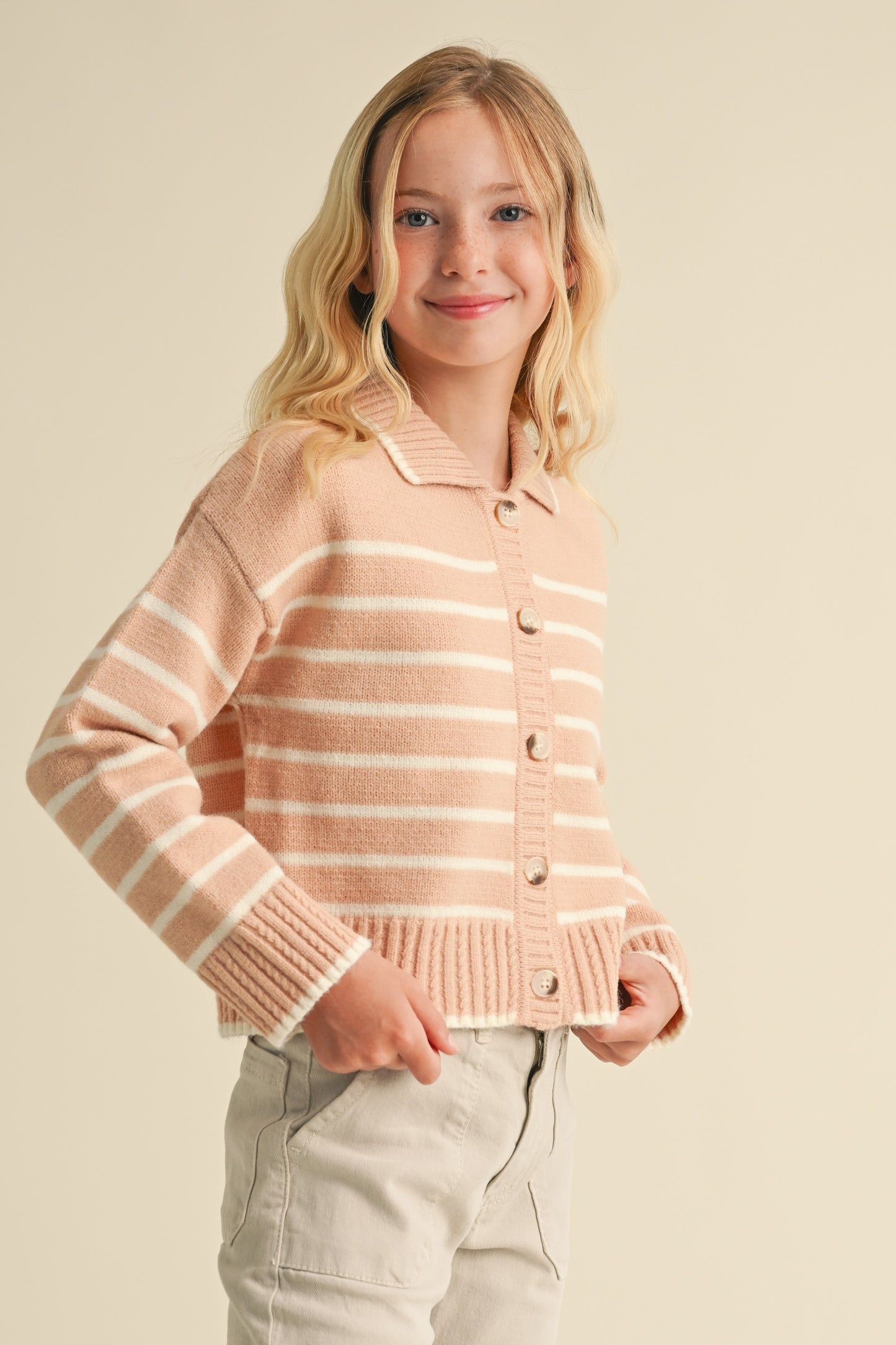 Girls Striped Collar Cardigan