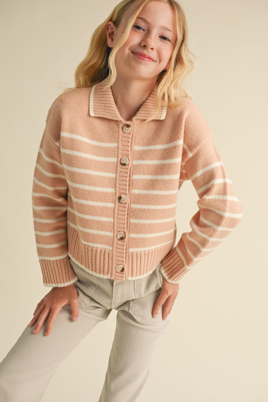 Girls Striped Collar Cardigan