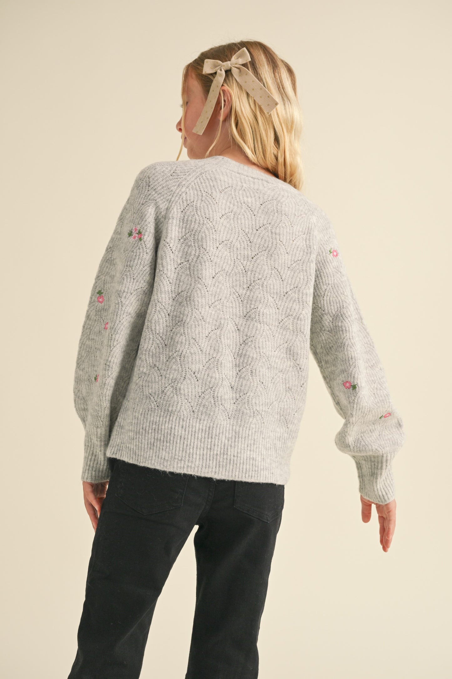 Girls Grey Floral Detailed Sweater