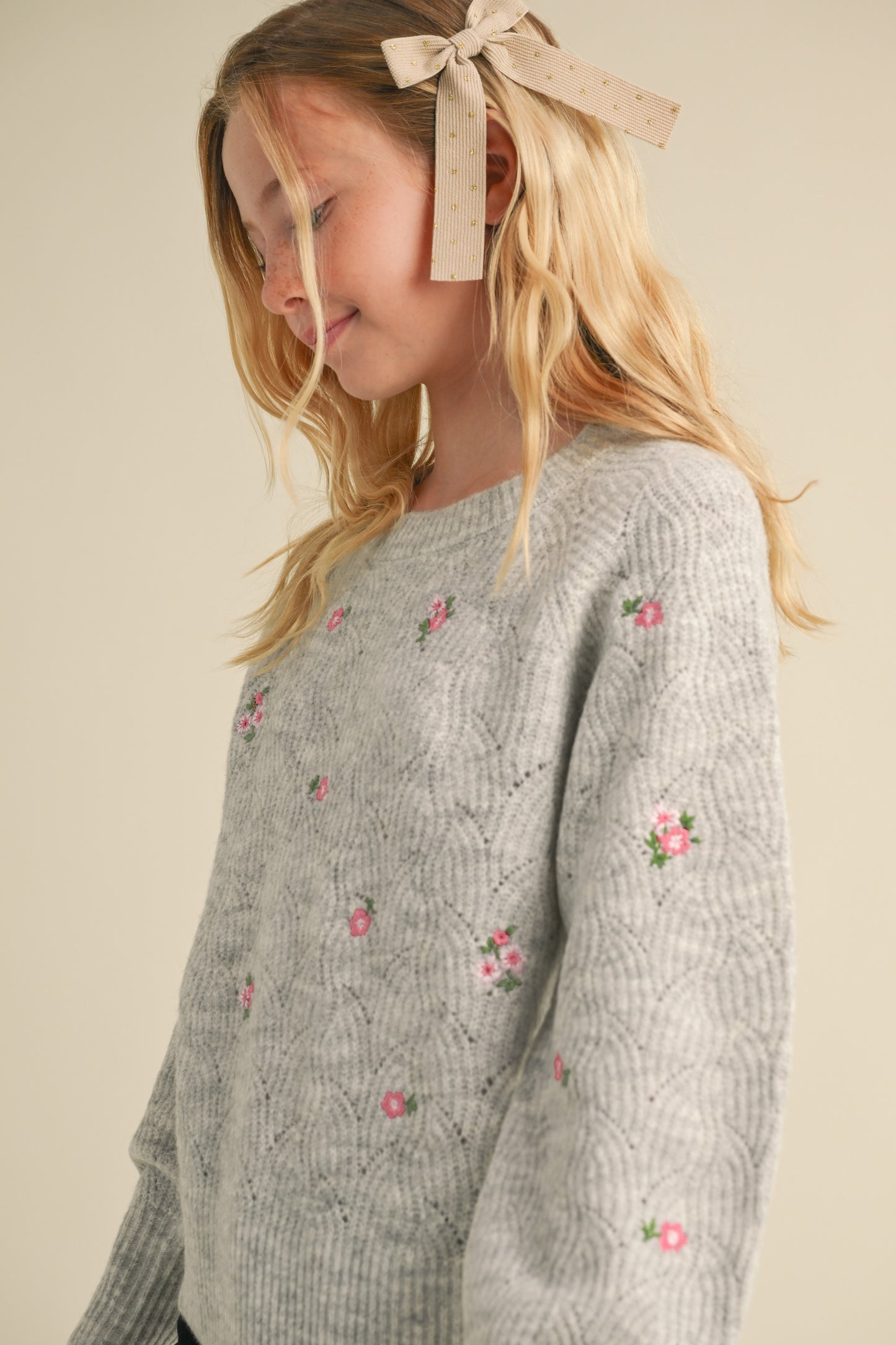 Girls Grey Floral Detailed Sweater