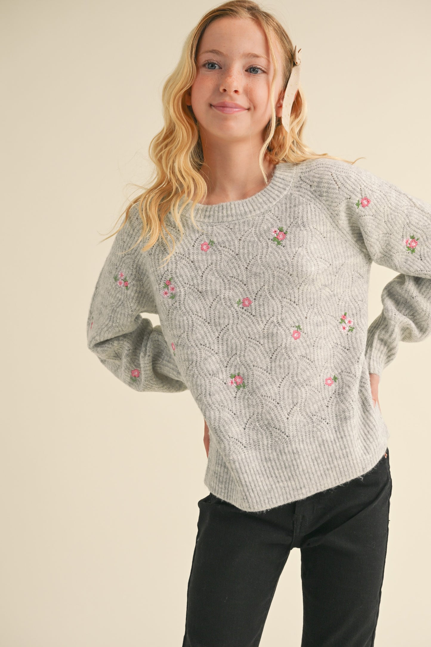 Girls Grey Floral Detailed Sweater