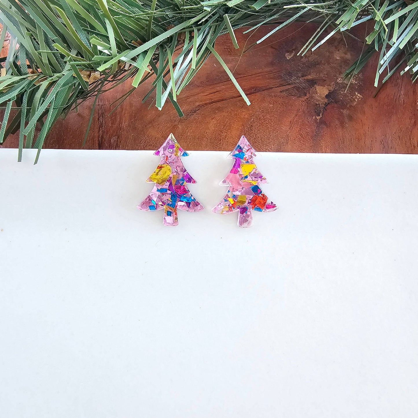 Christmas Tree Studs - Light Pink Sparkle // Holiday Earrings