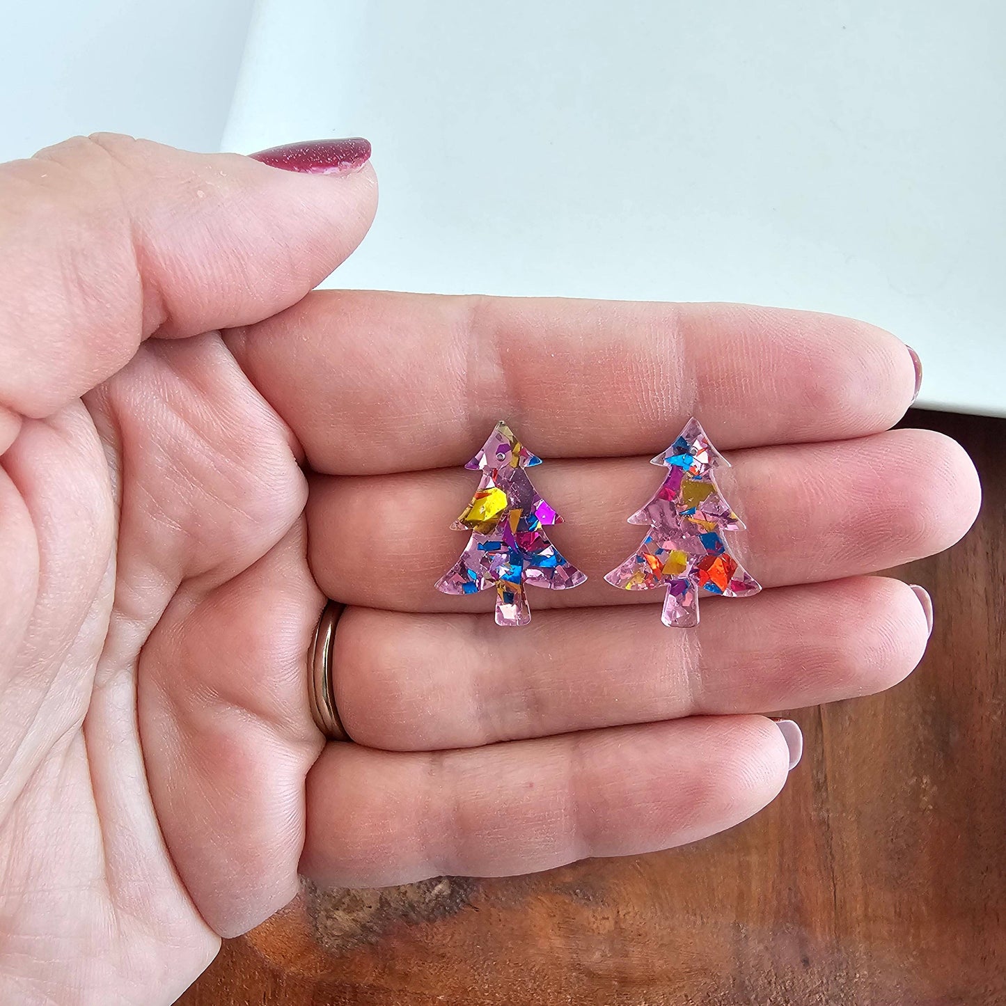 Christmas Tree Studs - Light Pink Sparkle // Holiday Earrings