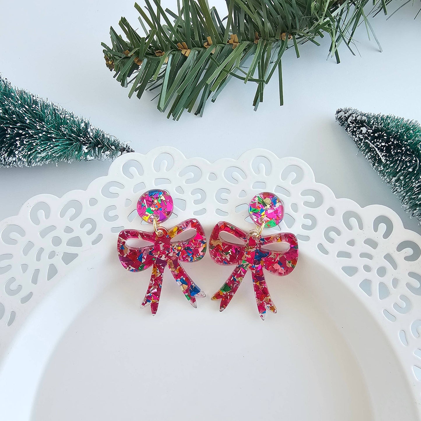 Bow Earrings - Pink Sparkle // Christmas, Holiday, Gifts