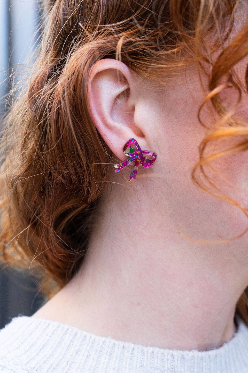 Bow Studs - Pink Sparkle  // Christmas, Holiday, Earrrings