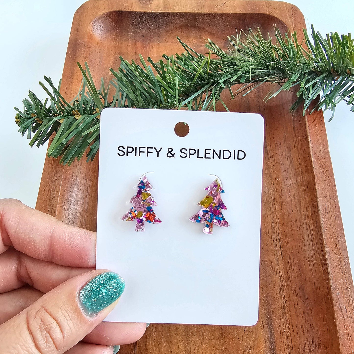 Christmas Tree Studs - Light Pink Sparkle // Holiday Earrings