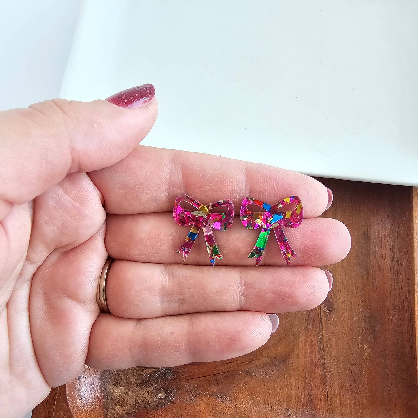 Bow Studs - Pink Sparkle  // Christmas, Holiday, Earrrings