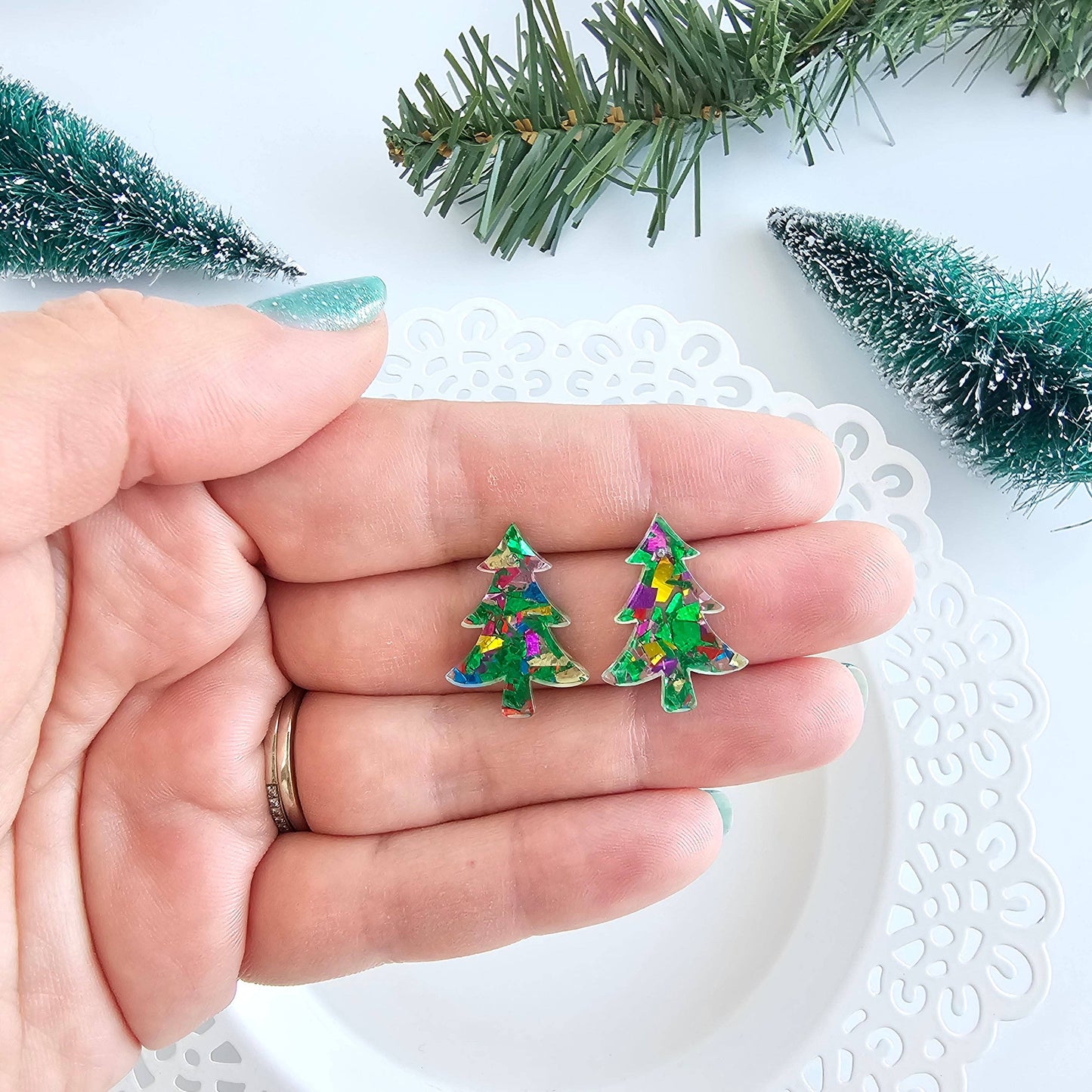 Christmas Tree Studs - Green Sparkle // Holiday Earrings