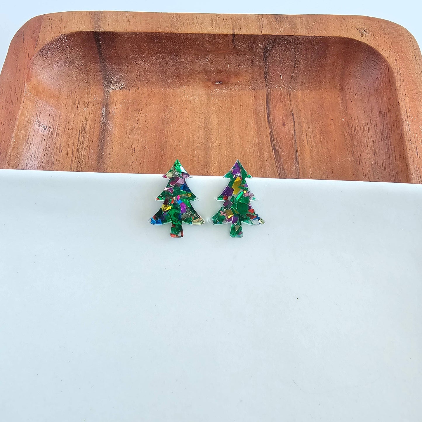 Christmas Tree Studs - Green Sparkle // Holiday Earrings