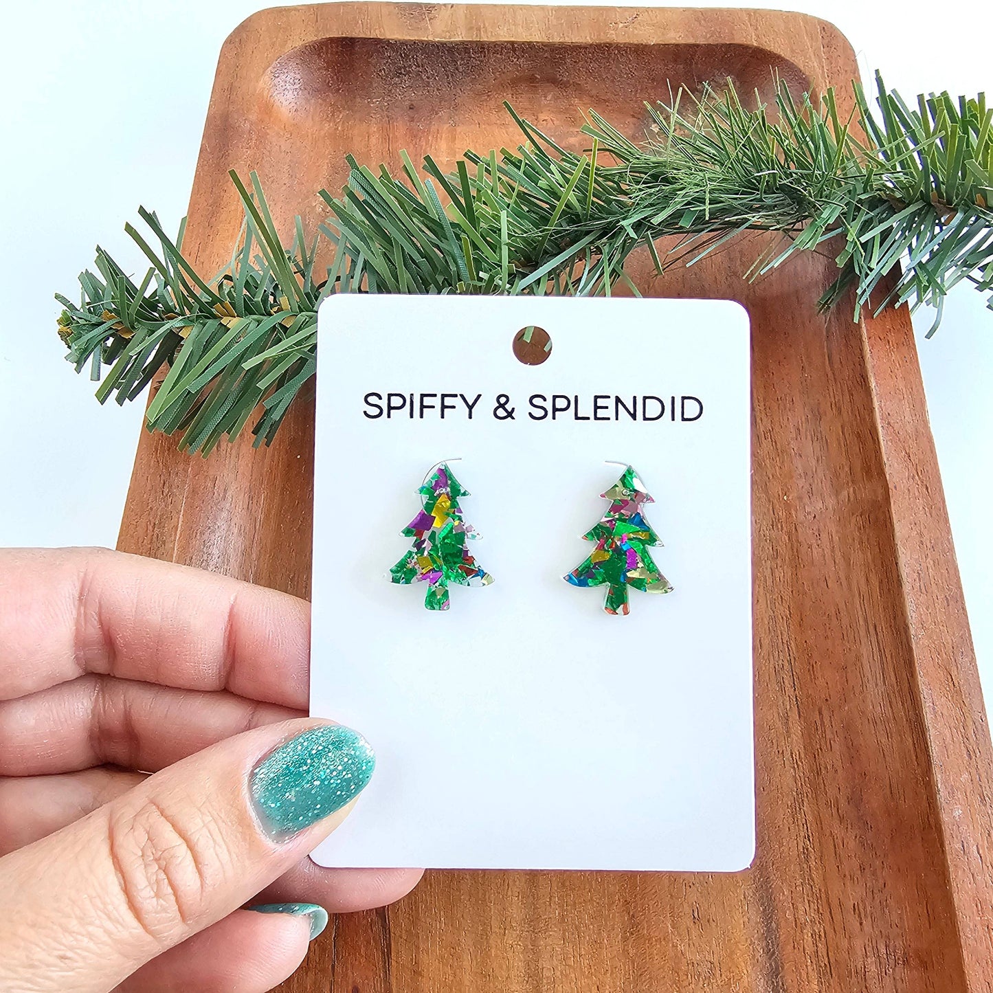 Christmas Tree Studs - Green Sparkle // Holiday Earrings