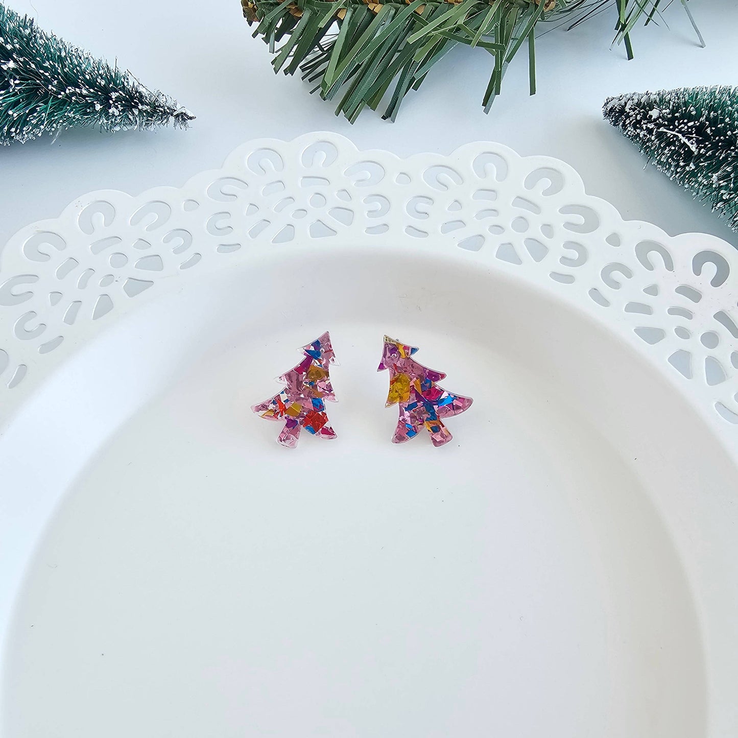 Christmas Tree Studs - Light Pink Sparkle // Holiday Earrings