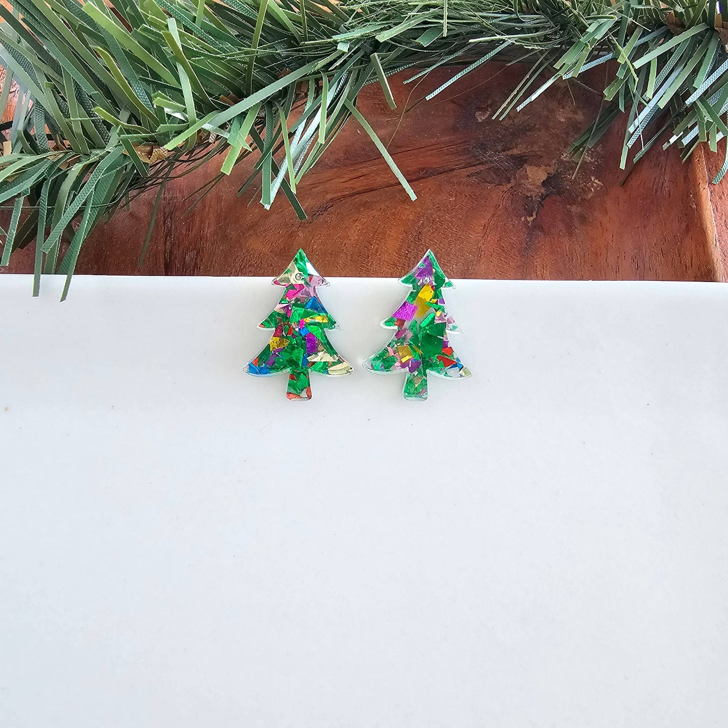 Christmas Tree Studs - Green Sparkle // Holiday Earrings